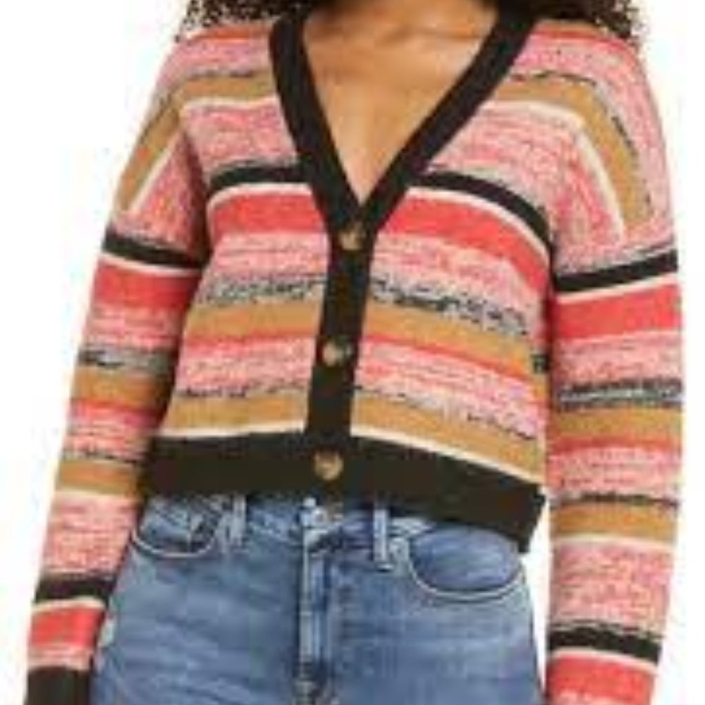 BP Nordstrom NWT Cropped Cardigan Button Down Stripe Red Black Sz XS V Neck Knit
